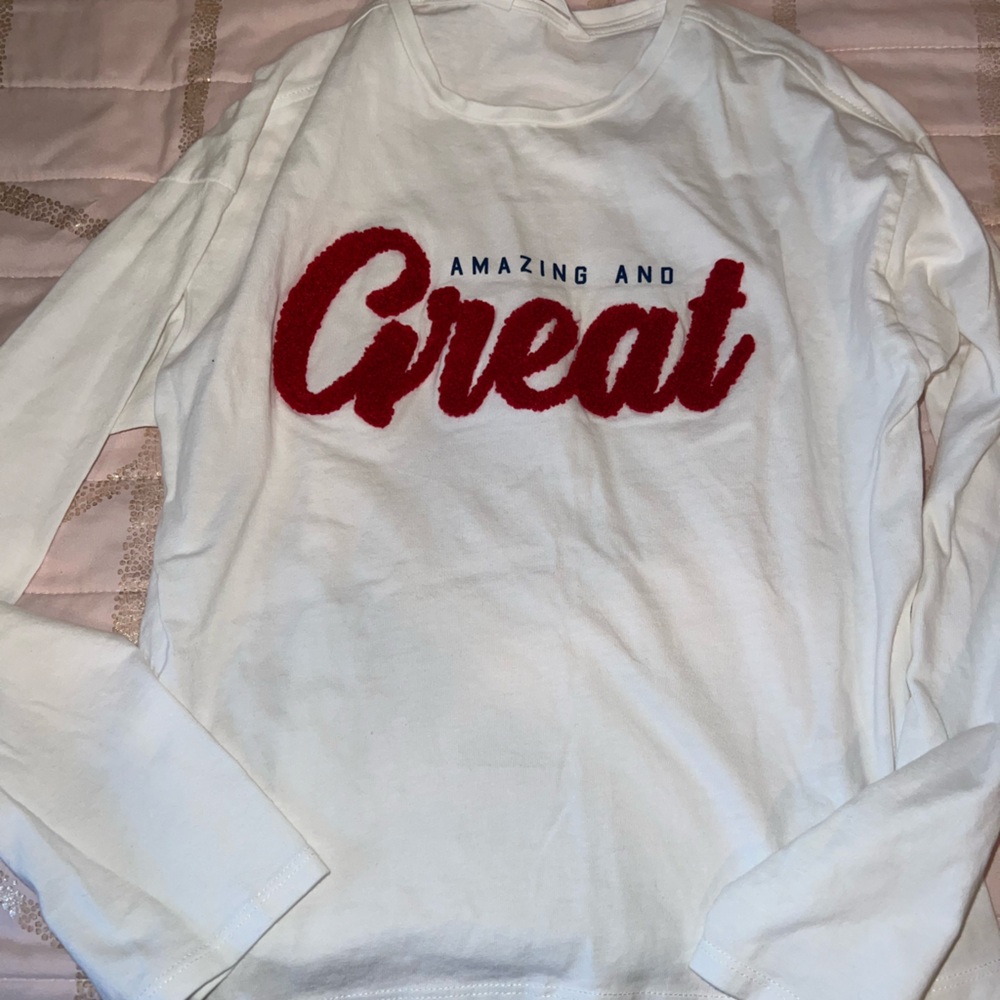 Girls MNG White Long Sleeve Shirt with Varsity “great” lettering